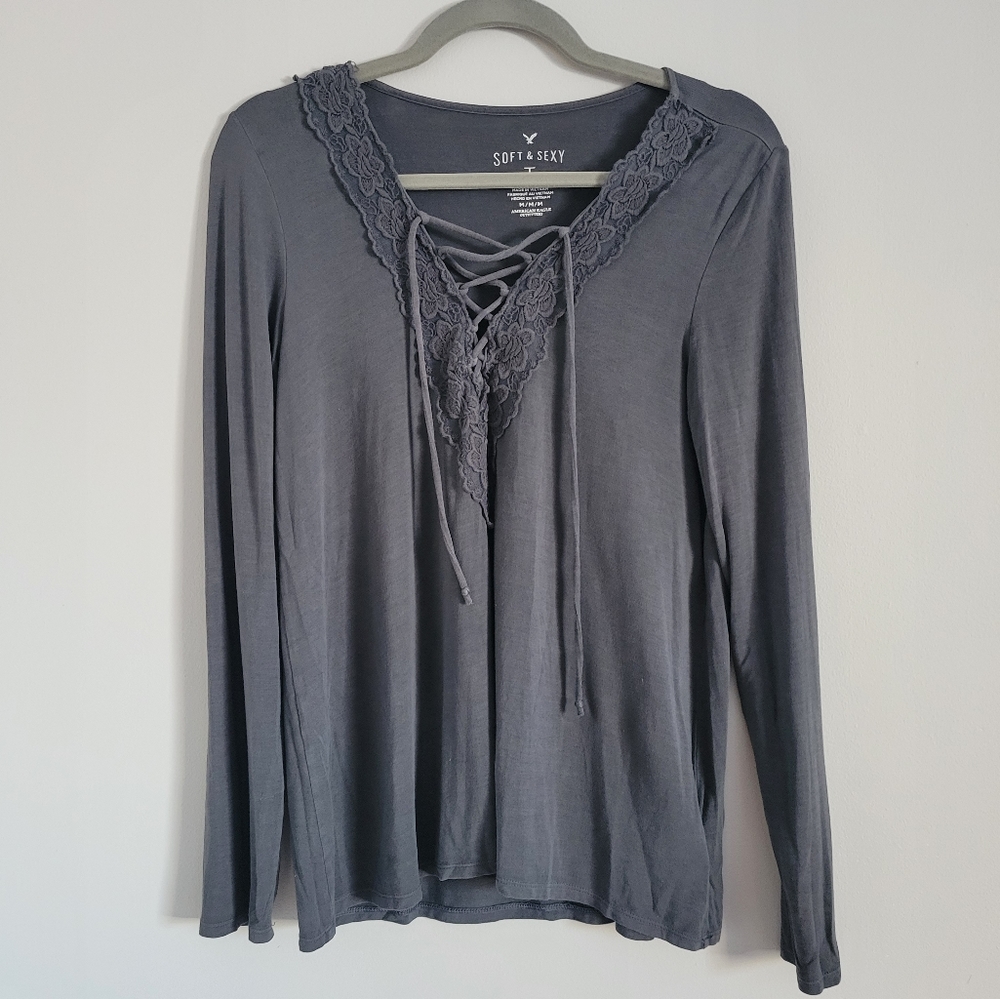 AE Soft & Sexy Gray Lace Trim Lace Up Long Sleeve Top